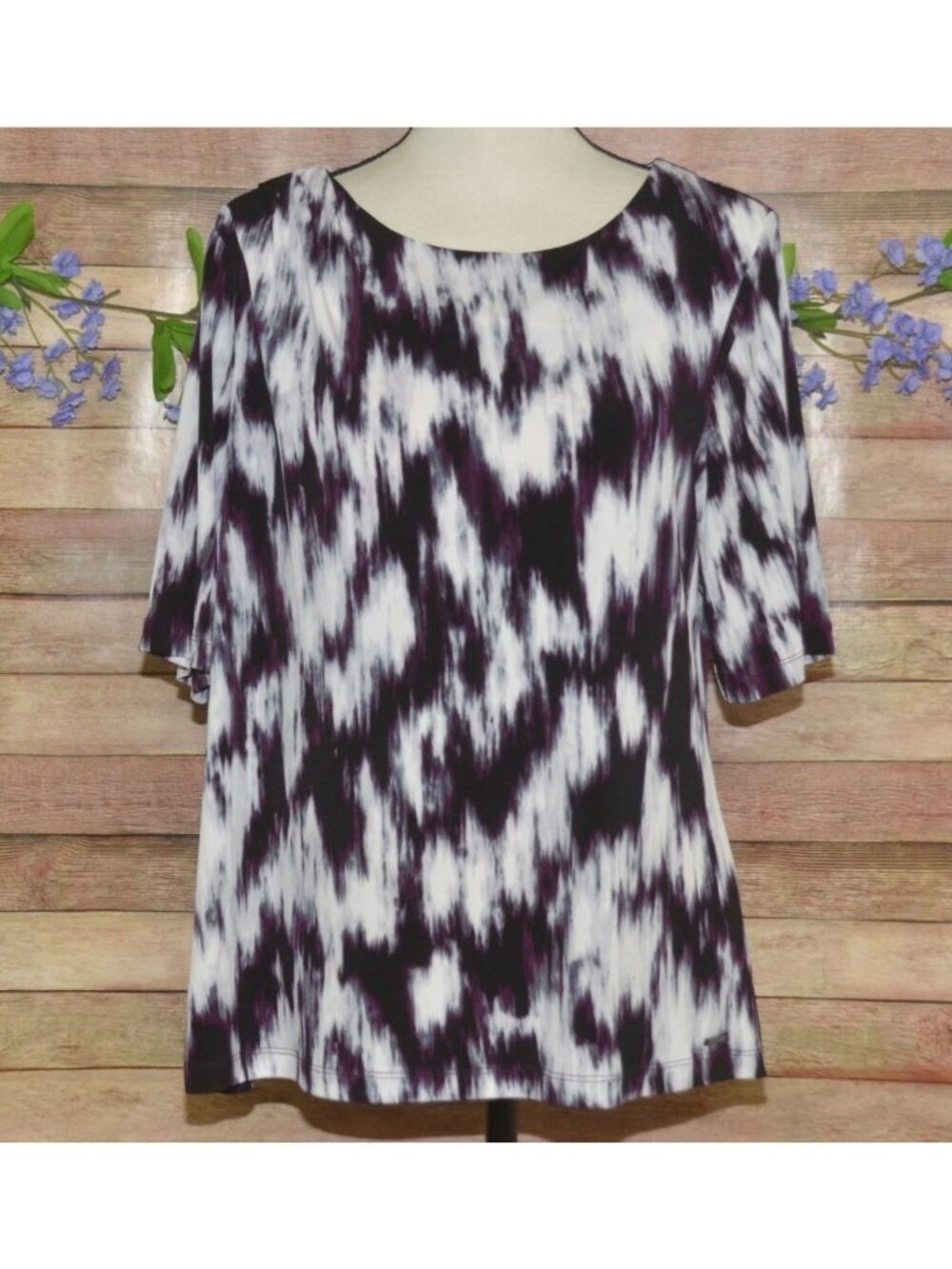 Calvin Klein Ladies Blouse XL Tunic Stretch Casual Abstract Pattern Pleated